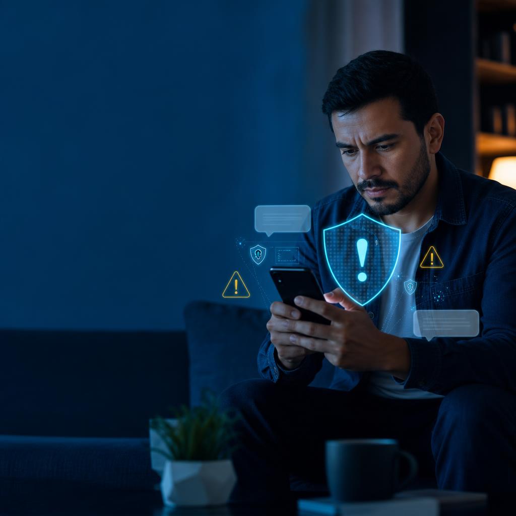 Persona revisando una alerta de fraude digital en su teléfono en Colombia